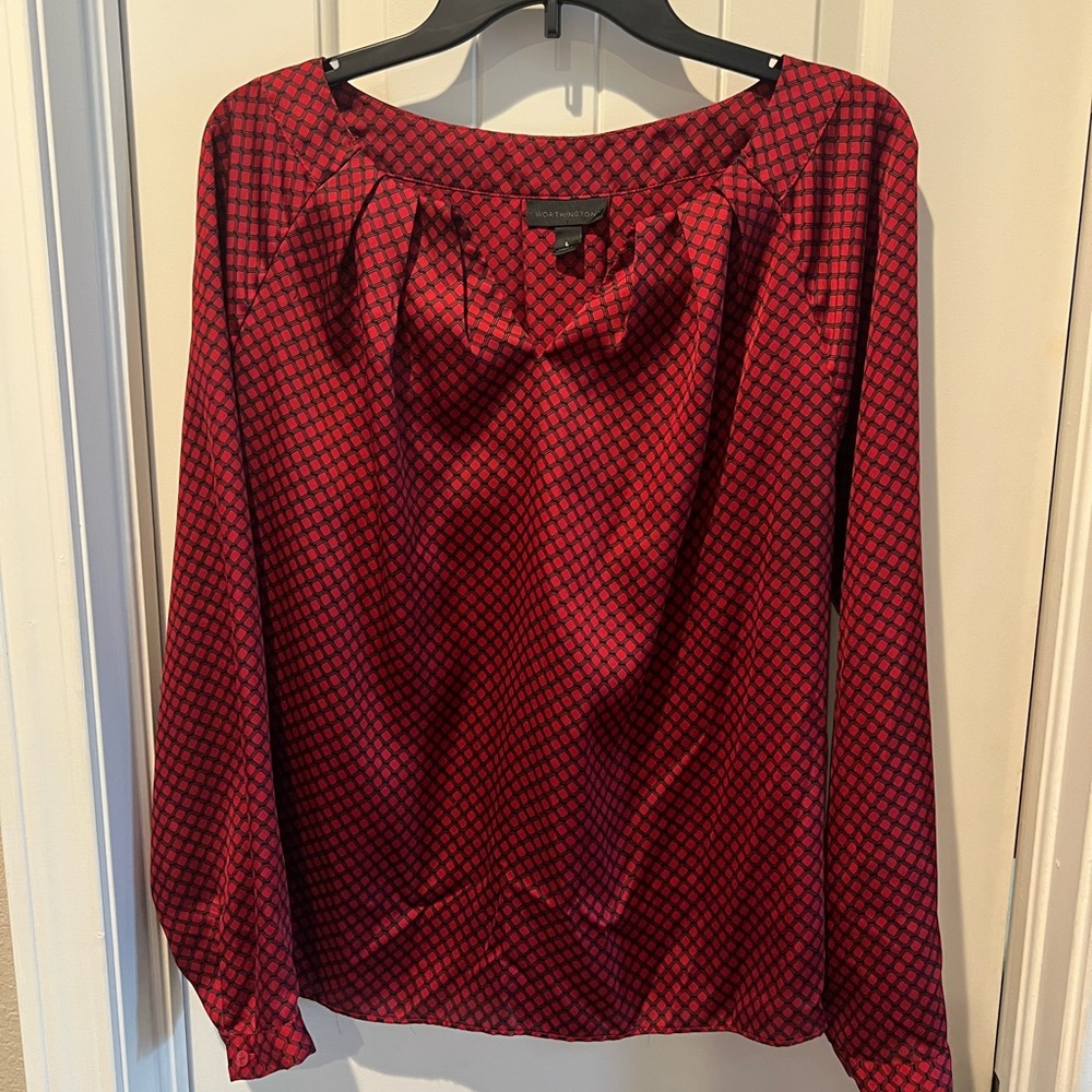 Worthington Red and Black Checkered Blouse top long sleeve women’s sz large